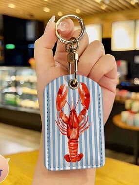 Red Lobster Vegan Leather Blue & White Keychain Purse Charm Coastal Nautical